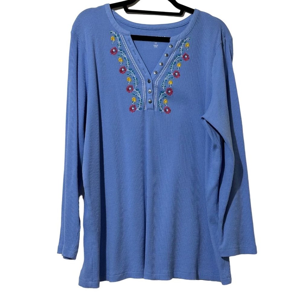 Woman Within women's size 1X blue embroidered thermal weave long sleeve top